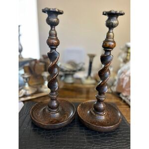 Antique Barley Twist Oak Wood Brass Candlesticks Set of 2 Victorian Spiral Stem